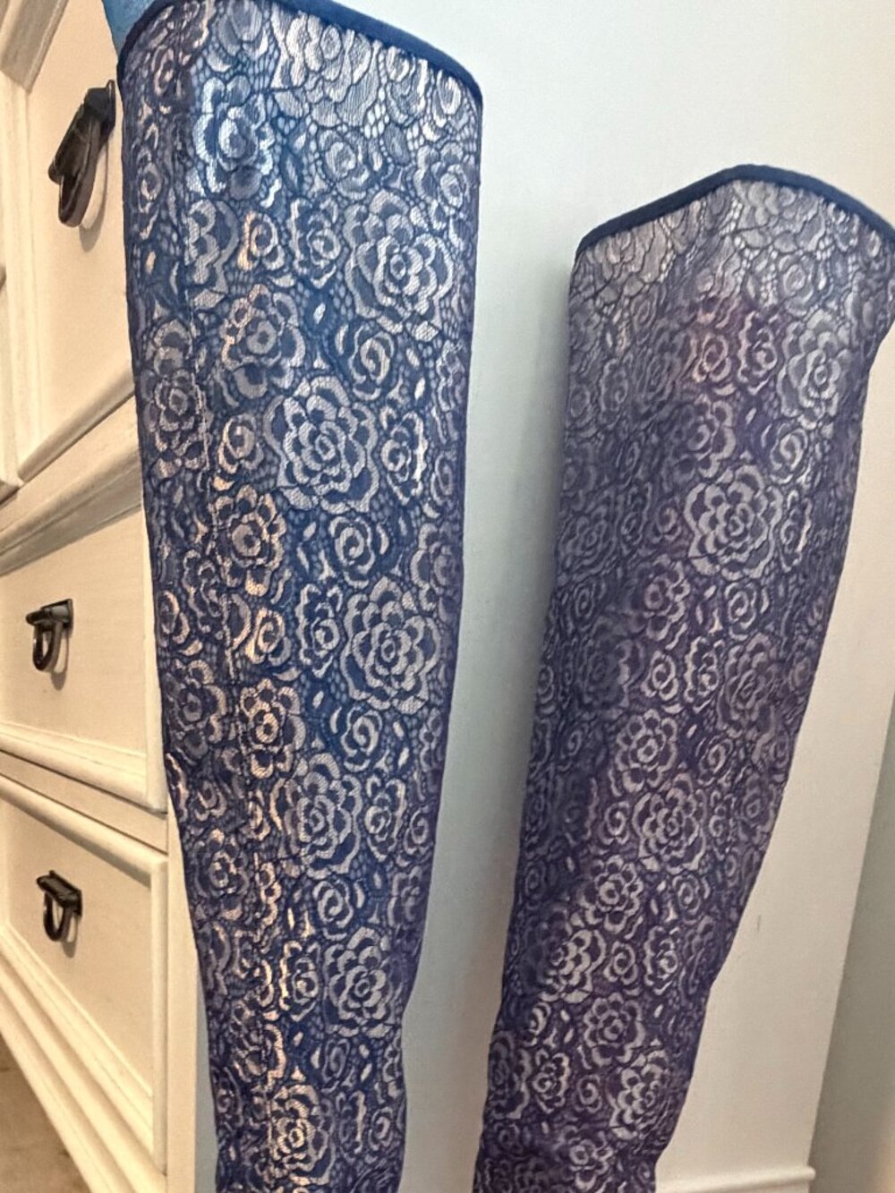 Navy Lace Over-the-Knee Heeled Boots